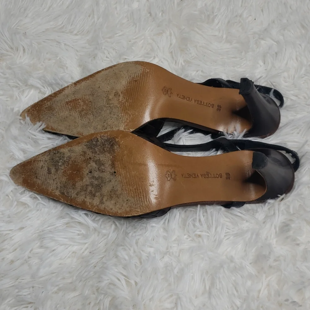 Bottega Veneta Black Woven Leather Pointed Slingback Platforms